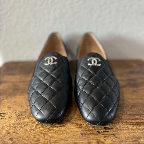 Authentic Chanel Black Quilted Loafers with Silver Logo 36.5 - Picture 4 of 16